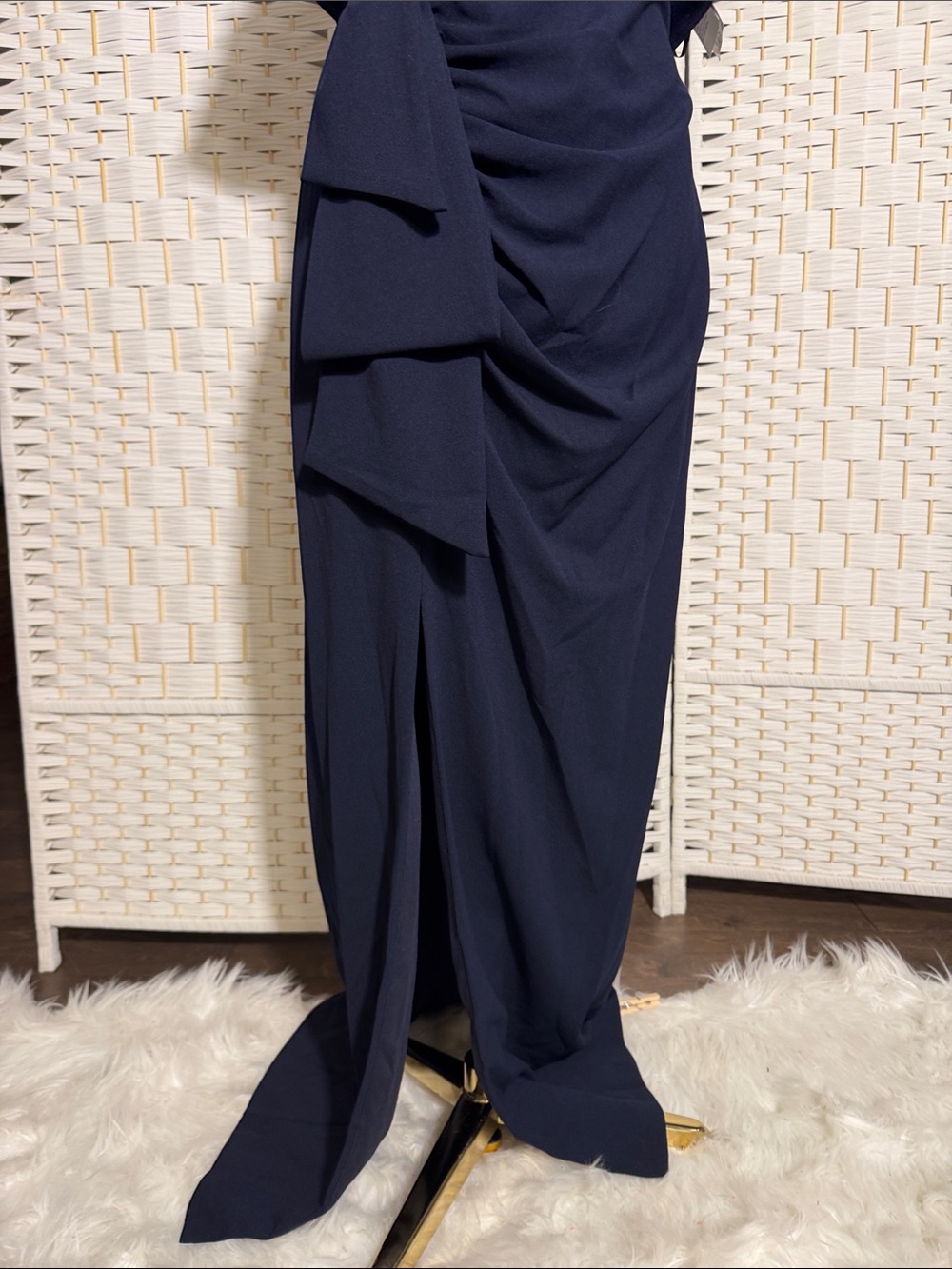 Xscape Strapless Navy Fold-Over Evening Gown - Picture 5 of 8
